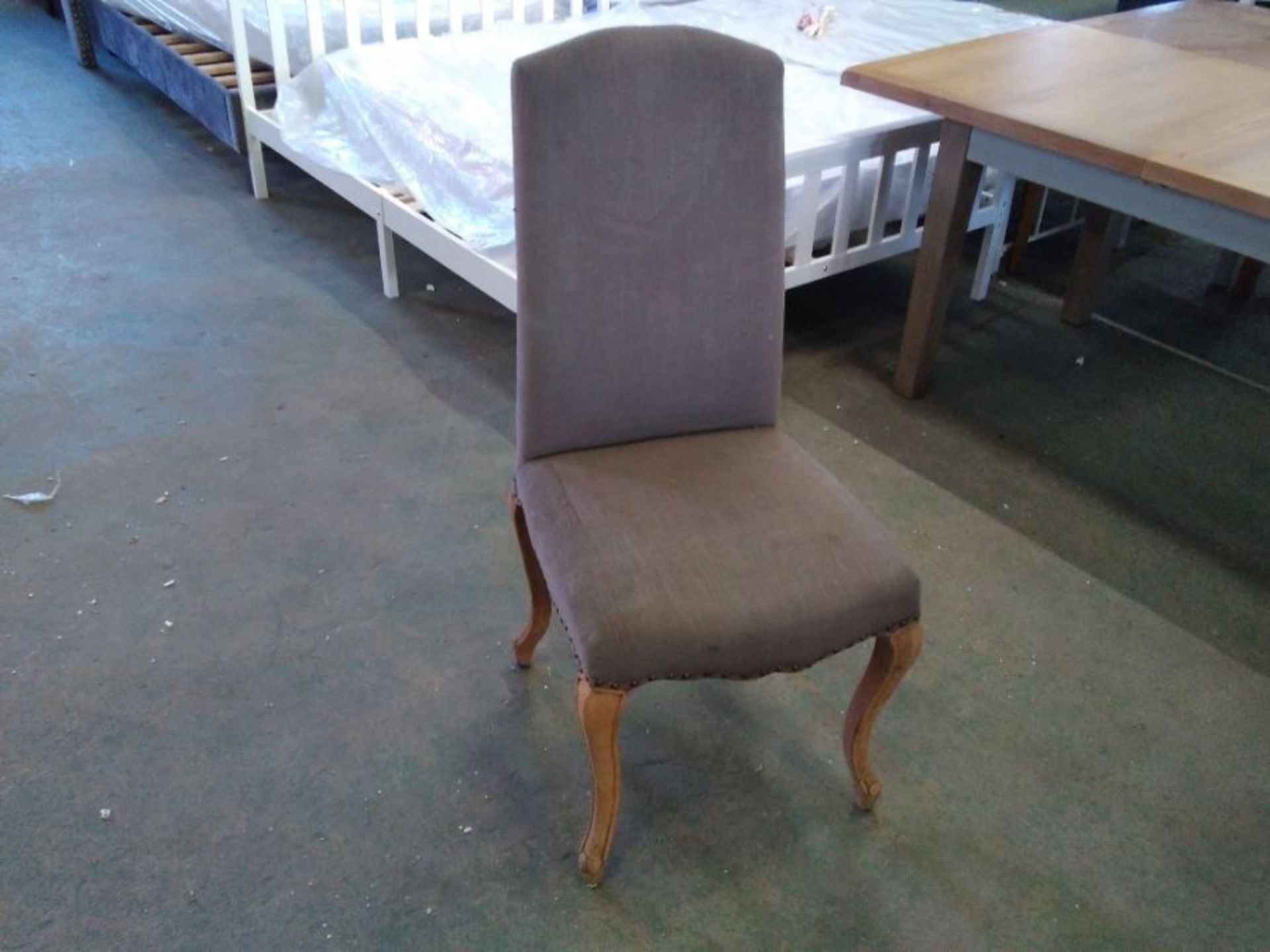 GREY UPHOLSTERED DINING CHAIR (DAMAGED)