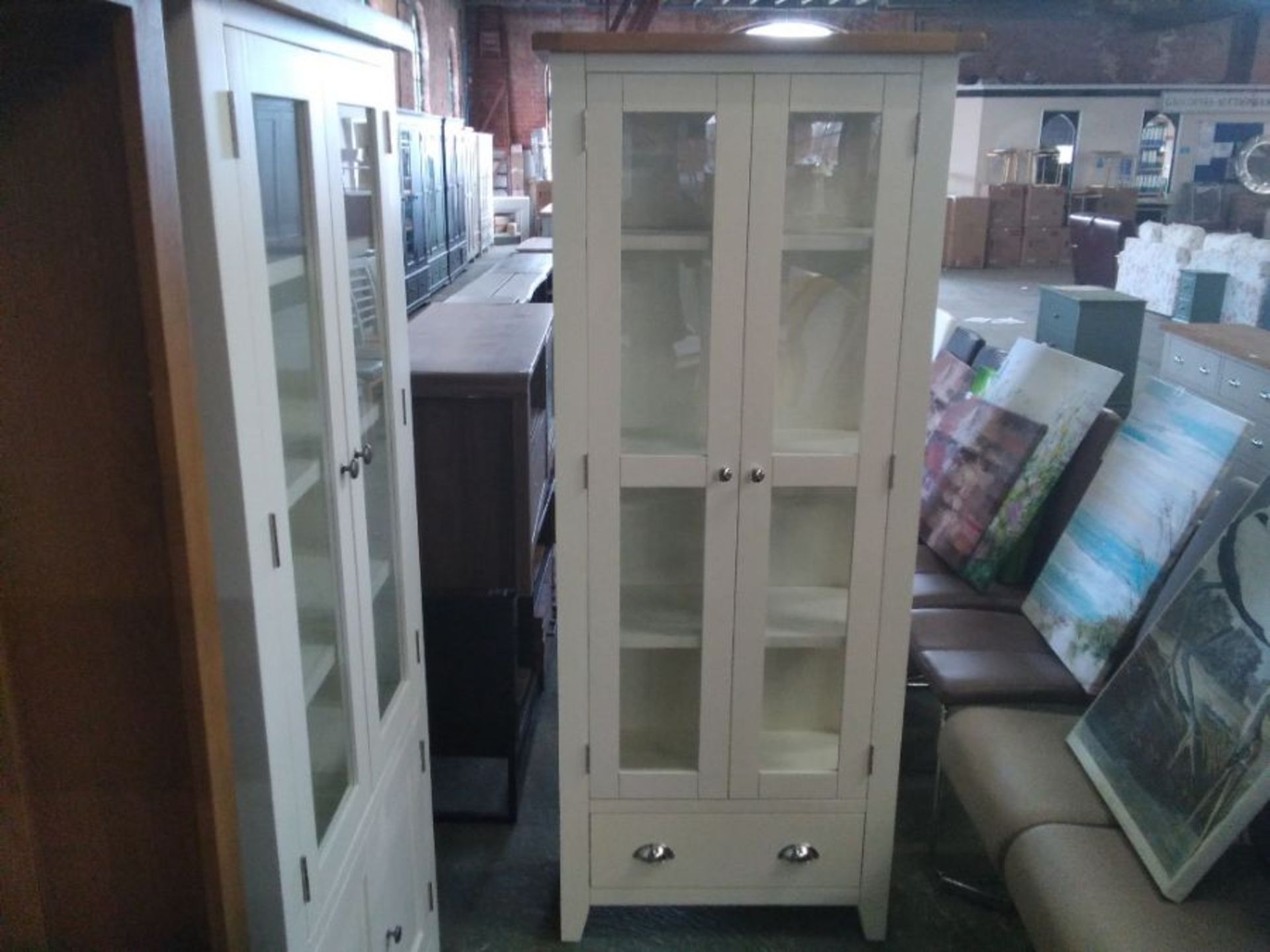 CHESTER WHITE PAINTED & OAK GLASS DISPLAY UNIT