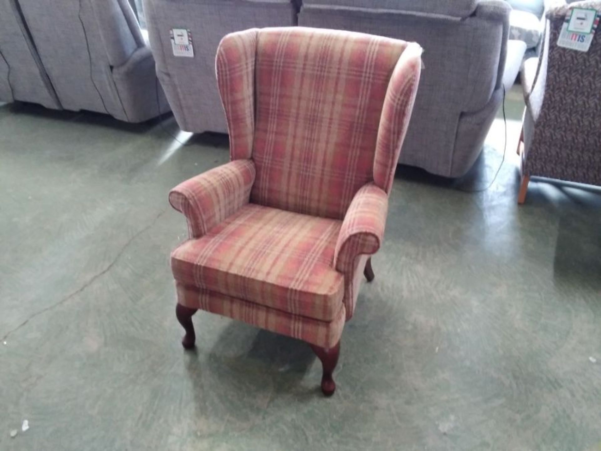 RED AND GOLD PATTERNED WING CHAIR (TROO2939-WO1286923) (DAMAGED LEGS)