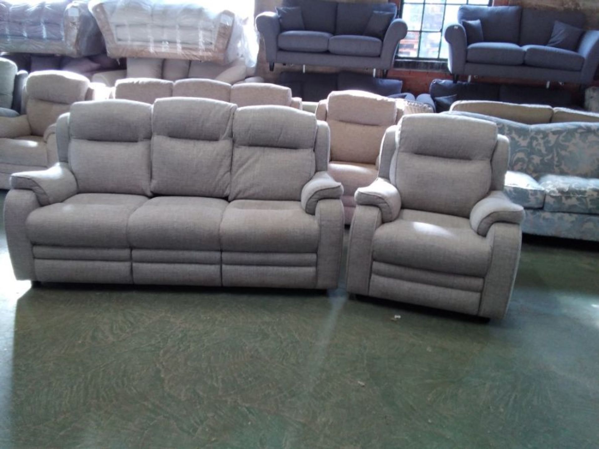 BEIGE PATTERNED HIGH BACK 3 SEATER AND CHAIR (TROO