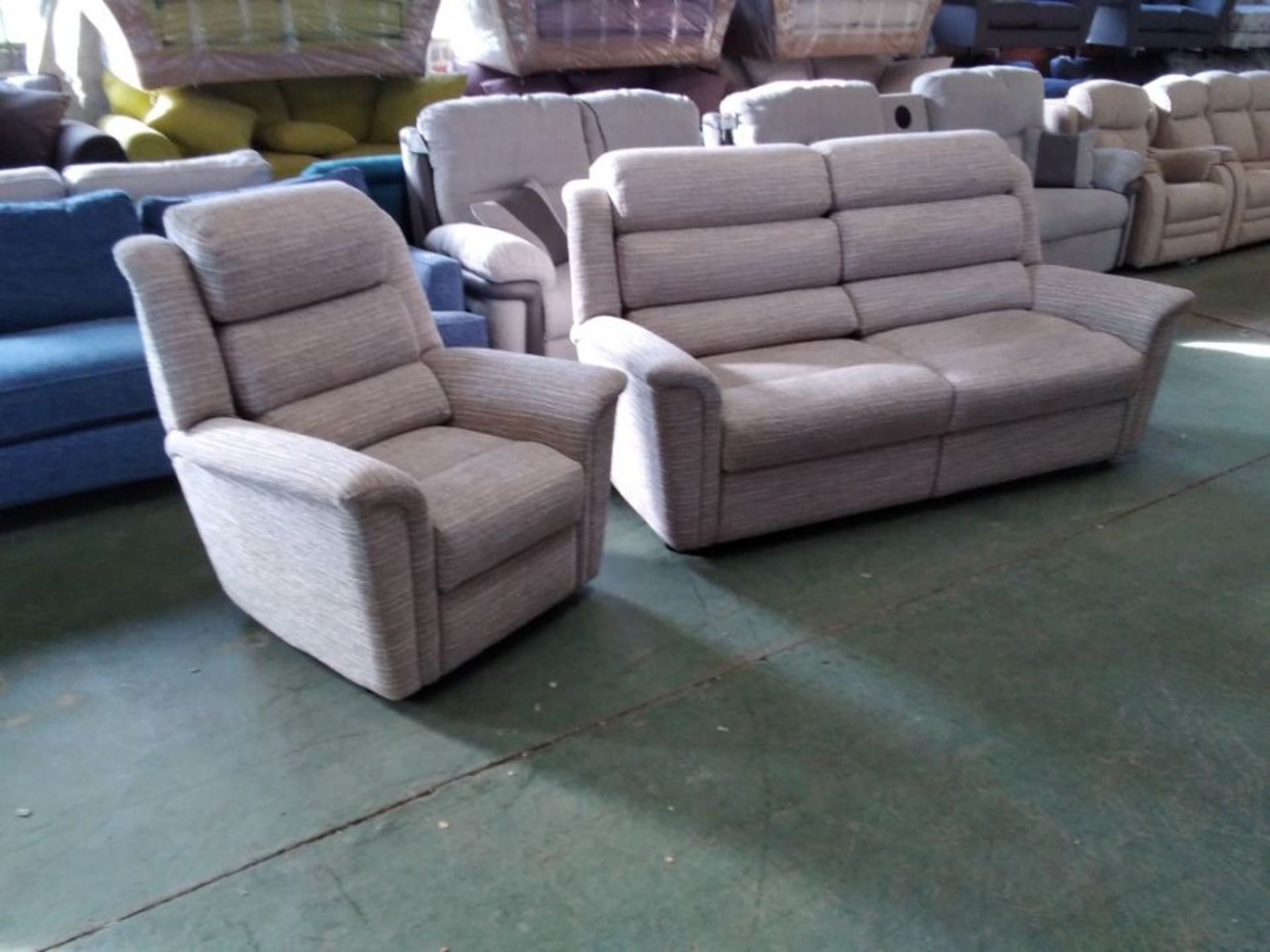 BEIGE PATTERNED HIGH BACK 3 SEATER AND CHAIR (TROO