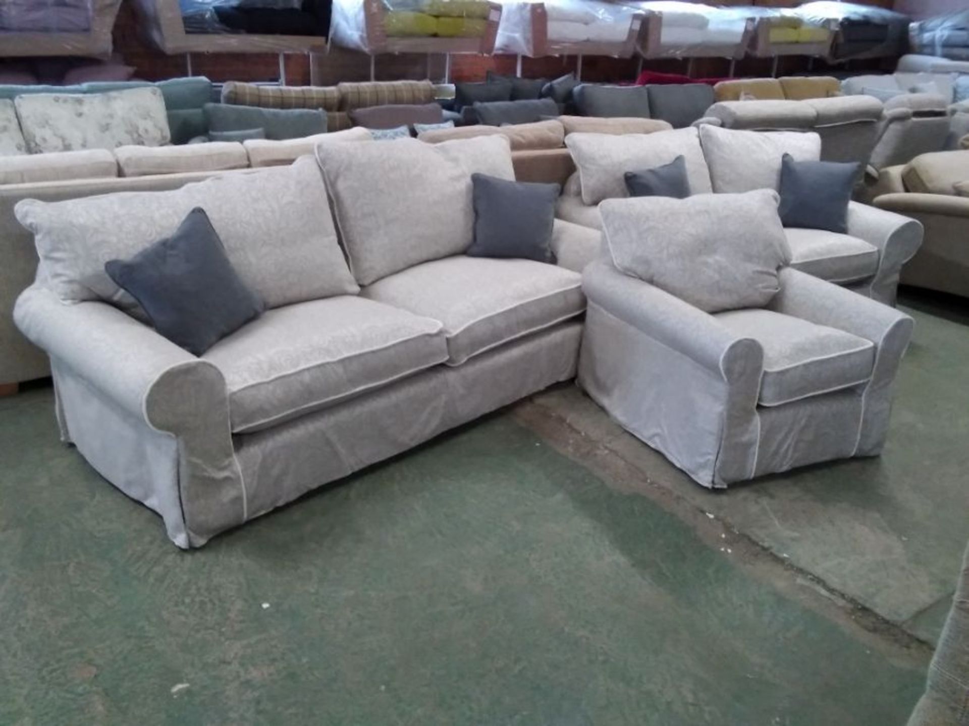 SILVER LOOSE COVERED 3 SEATER 2 SEATER AND CHAIR (