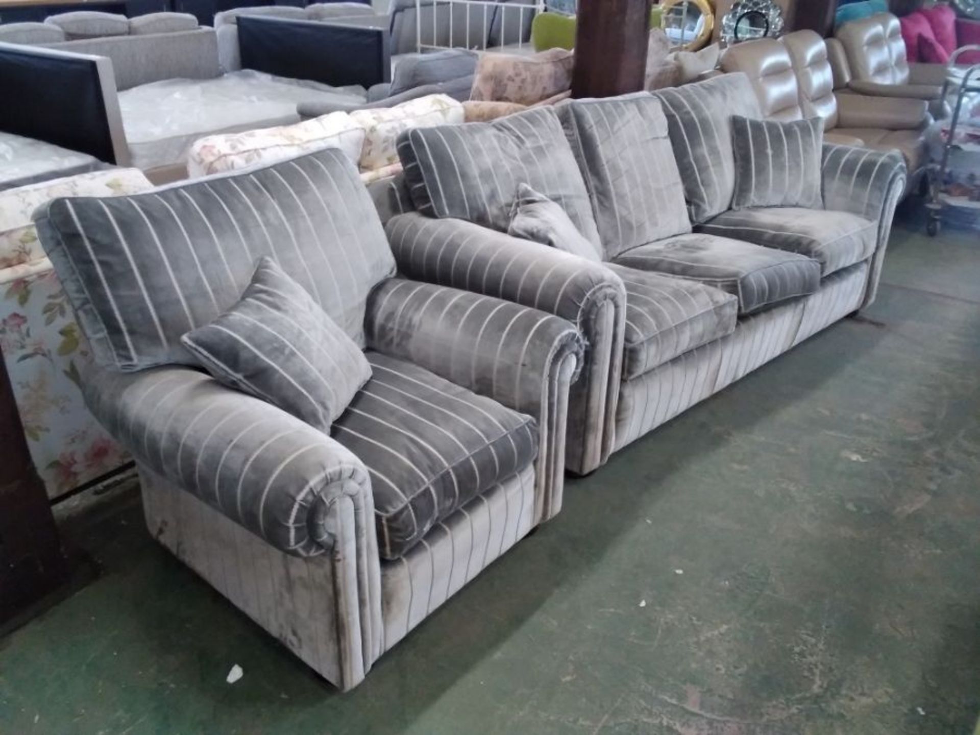 GREY STRIPED 3 SEATER AND CHAIR (TROOO368-WO115175