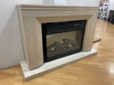 Ex-Display Bronpi Lucena Limestone Fireplace, Black Granite Back Panel & Opti Flame Electric Fire,