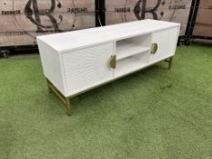 Atkin & Thyme 2 Door AT1801 Timber Coco Whitewash TV Stand with Carved Design In Mango Wood & Brass;