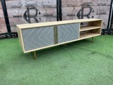 Atkin & Thyme 2 Door AT1396 with Open Shelves Timber Toshi TV Stand, Brass Inlay Chevron Design