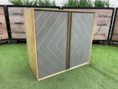 Atkin & Thyme 2 Door AT1403 Timber Toshi Drinks Cabinet, Chevron Design in Mango Wood Cement & Brass
