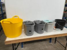 3no. Mop Buckets, Black Bucket With Window Cleaner & Rhino Flexi Tub