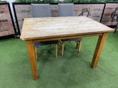 Timber Restaurant Table 800 x 1200 x 750mm Complete With 2no. Timber Frame Fabric Upholstered Chairs