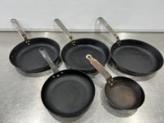 5no. Steel Frying Pans Comprising; 3no. 240mm Dia, 1no. 200mm & 1no. 140mm