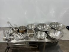 Quantity of Various Kitchen Sundries Comprising; Saucepans, Mixing Bowls, Ladles etc.