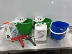 3no. Plastic Coloured Buckets, Hand Lotion & Various Cleaners