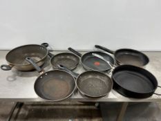 7no. Various Frying Pans Comprising; 3no. 280mm Dia, 2no. 220mm dia etc.