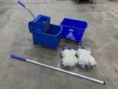 2no. Blue Mobile Mop Buckets, 1no. Mop Pole & 8no. Unused Blue Mop Heads