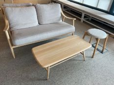Ercol Spindle Back Armchair with Grey Cushions & 1no. Ercol Low Level Coffee Table