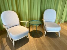 2no. Ercol Spindle Back Armchairs with Grey Cushions & 1no. Steel Green Coffee Table