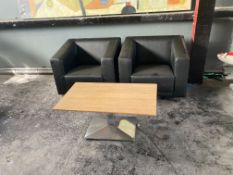 2no. Leather Square Armchairs with Timber Top Coff
