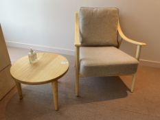 Ercol Spindle Back Armchair With Grey Cushions, Complete With Nikari Low Level Table 530mm Dia