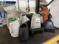 10no. Various Oil Jugs & Funnels. This Lot is STRICTLY to be Collected Thursday 23 November 2023,
