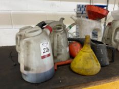 7no. Various Oil Jugs & Funnels. This Lot is STRICTLY to be Collected Thursday 23 November 2023,