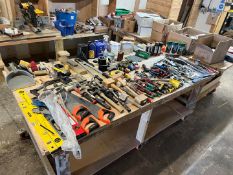 Large Quantity of Various Hand Tools to Workbench Including; Hand Saws, Hammers, Mallets,