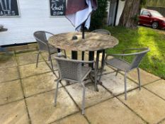 Timber Round Garden Table, 4no.Gray Metal framed Chairs & Branded Parasol as Lotted Approx. 1200mm