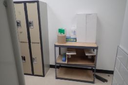 Lot of 4-Door Locker and (2) 3-Tier Metal Shelving Units and Toiletry Supplies.