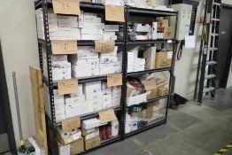 Lot of (2) Sections Metal Shelving, Asst. Coils, Tape, Shipping Supplies, Rubber Bands, etc.