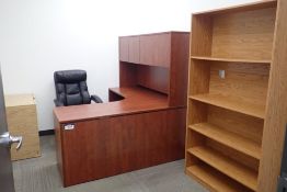 Lot of L-Shaped Desk w/Overhead, Task Chair, Bookcase and (2) Lateral 2-Drawer File Cabinets.