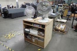 Lot of Shop Built Cabinet w/ Asst. Inventory and (4) Electric Fans.
