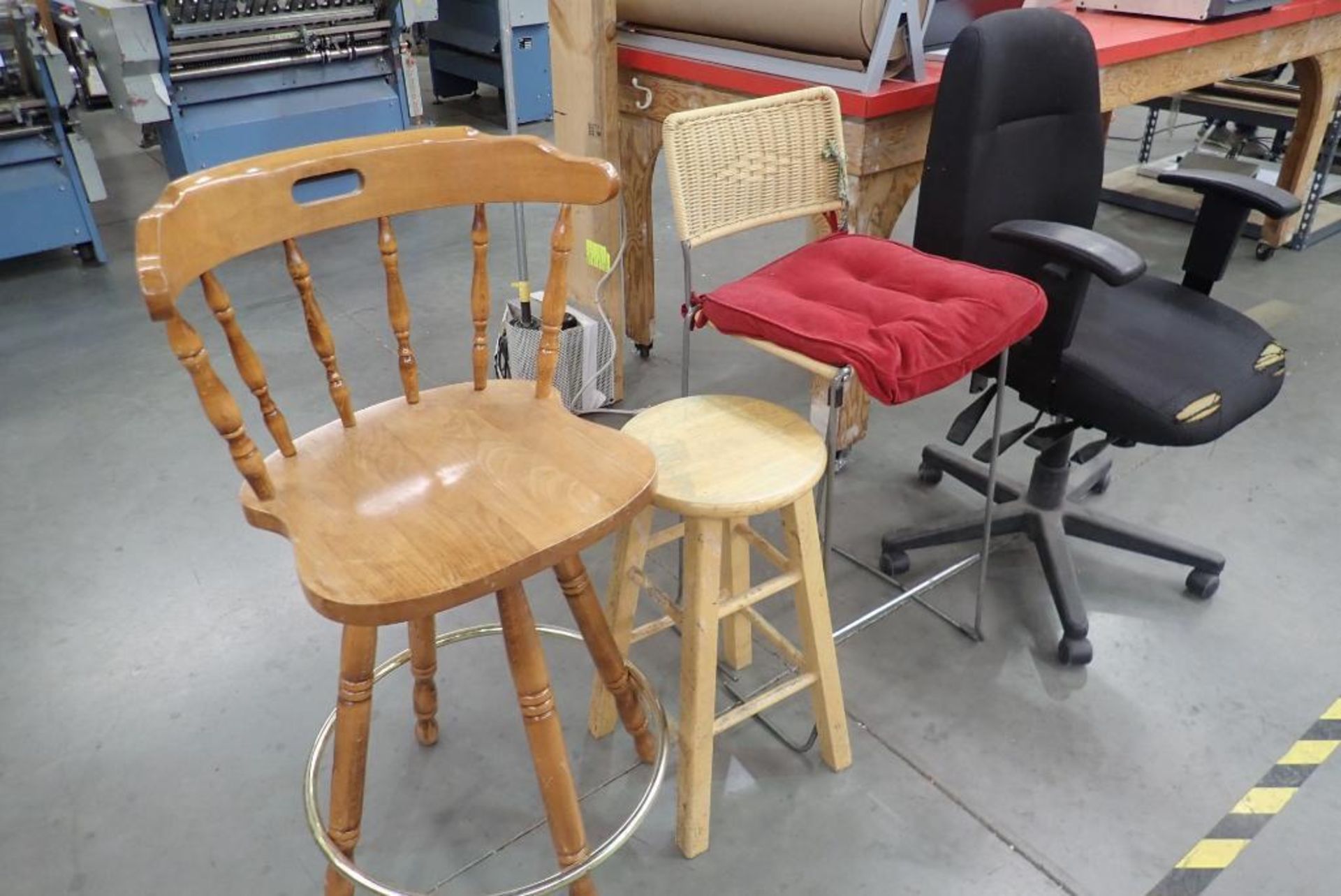 Lot of Shelving Unit, Work Table, Stools, Chair, Paper Dispenser w/Paper, Power Roller, etc. - Image 4 of 4