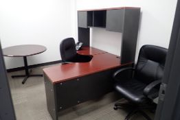 Lot of L-Shaped Desk w/Overhead, (2) Task Chairs and 42" Round Meeting Table.