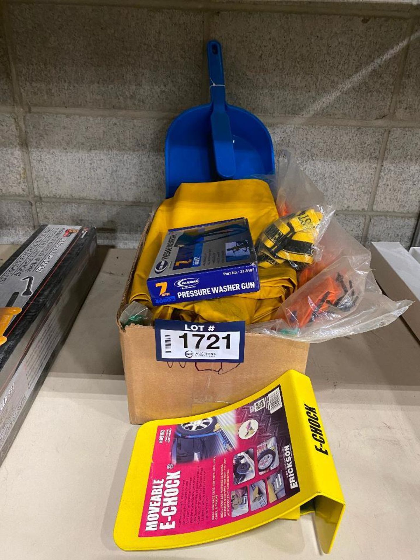 Lot of Asst. Pressure Washer Gun, Rain Gear, Dust Pan, Blades, E-Chock, etc.