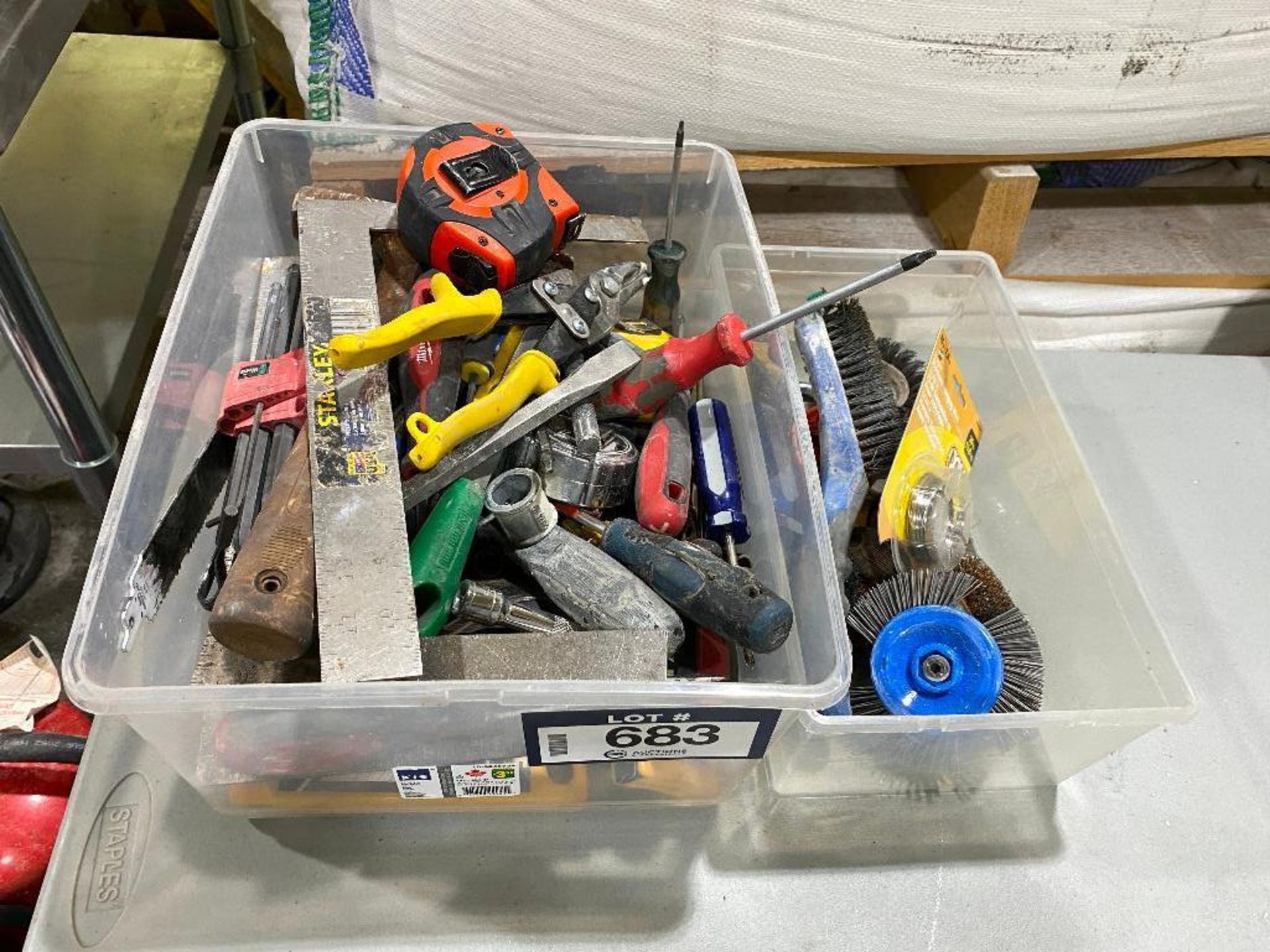 Lot of Asst. Tools including Snips, Squares, Screw Drivers, Tape Measure, etc.
