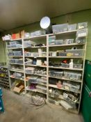 Lot of (3) Shelves w/ Contents including Fittings, Fasteners, Wiring, etc.