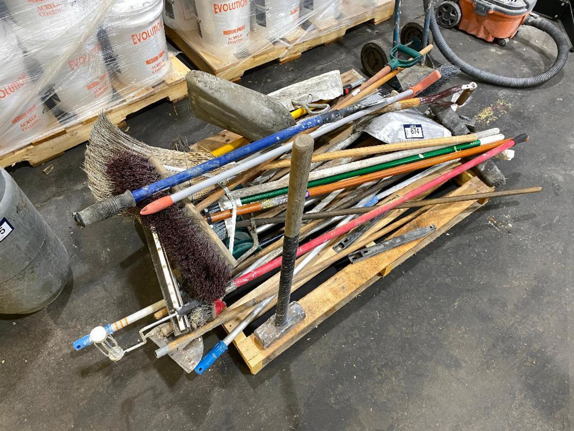 Pallet of Asst. Brooms, Shovels, Level, Paint Rollers, etc. - Image 2 of 2