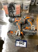 Lot of (1) Ridgid Cordless Drill, (1) Ridgid Cordless Impact, (2) Batteries, and (1) Charger