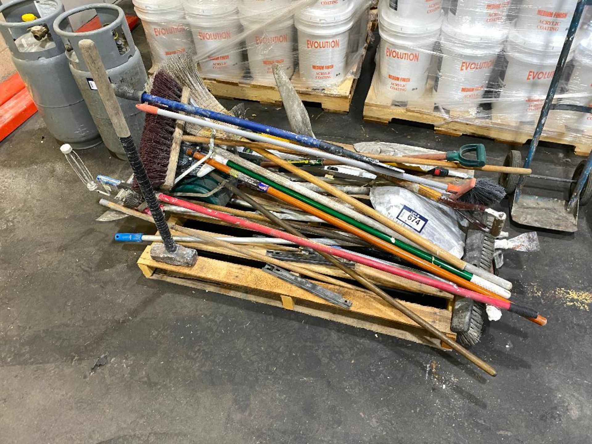 Pallet of Asst. Brooms, Shovels, Level, Paint Rollers, etc.