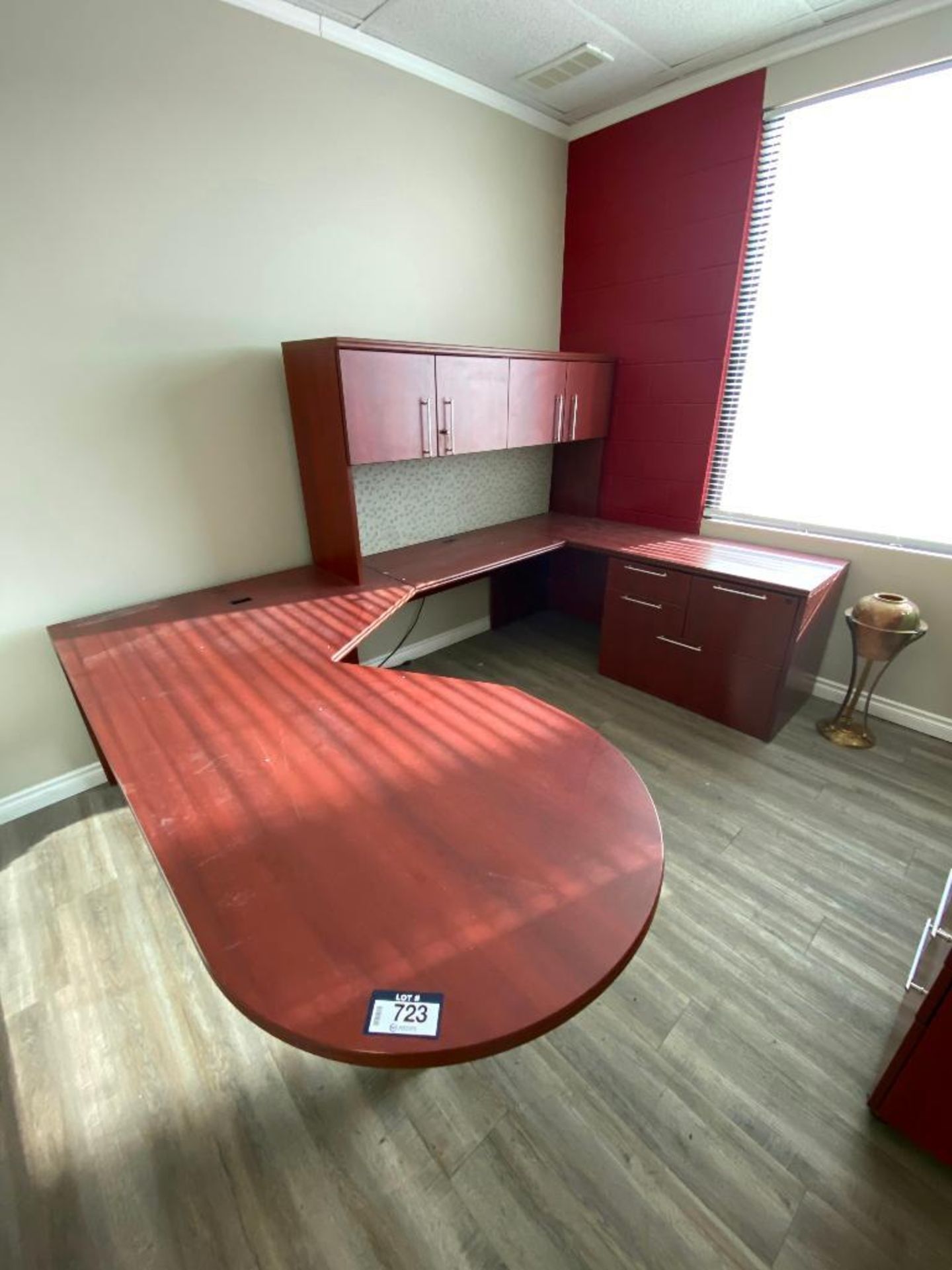 U-Shaped Desk w/ Overhead Hutch, 4-Drawer Filing Cabinet, 3-Drawer Side Cabinet, Whiteboard, etc. - Image 2 of 4