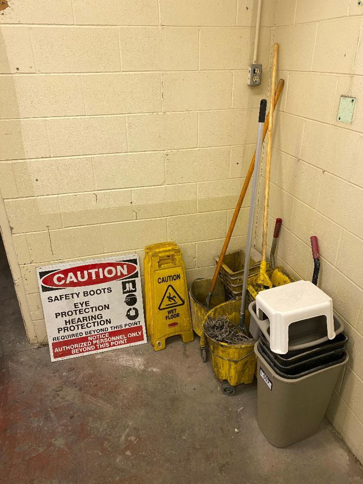 Lot of (2) Caution Signs (2) Mop Buckets, (3) Mops, (3) Wet Floor Signs, and Asst. Waste Bins, etc. - Image 2 of 2