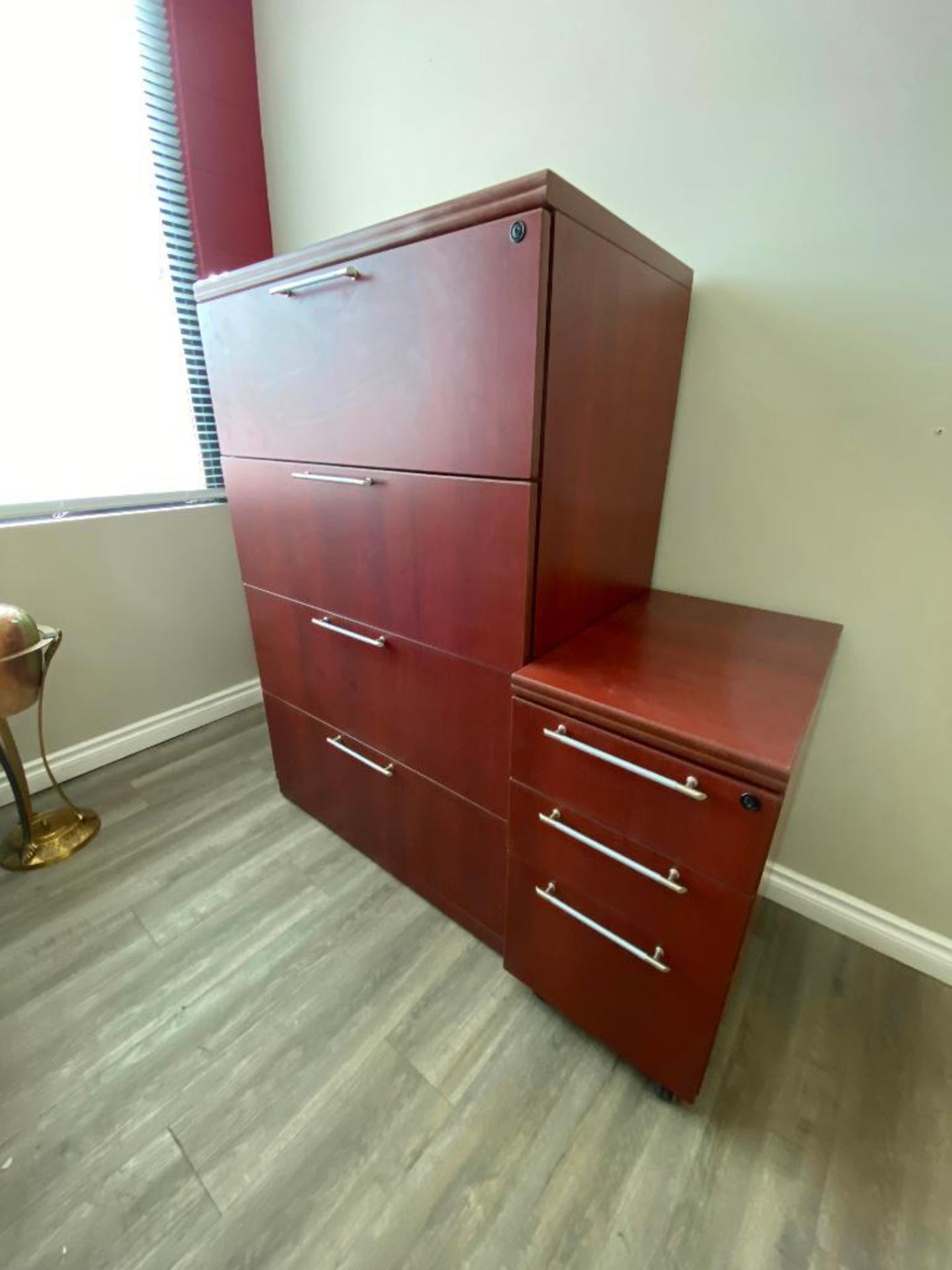 U-Shaped Desk w/ Overhead Hutch, 4-Drawer Filing Cabinet, 3-Drawer Side Cabinet, Whiteboard, etc. - Image 3 of 4