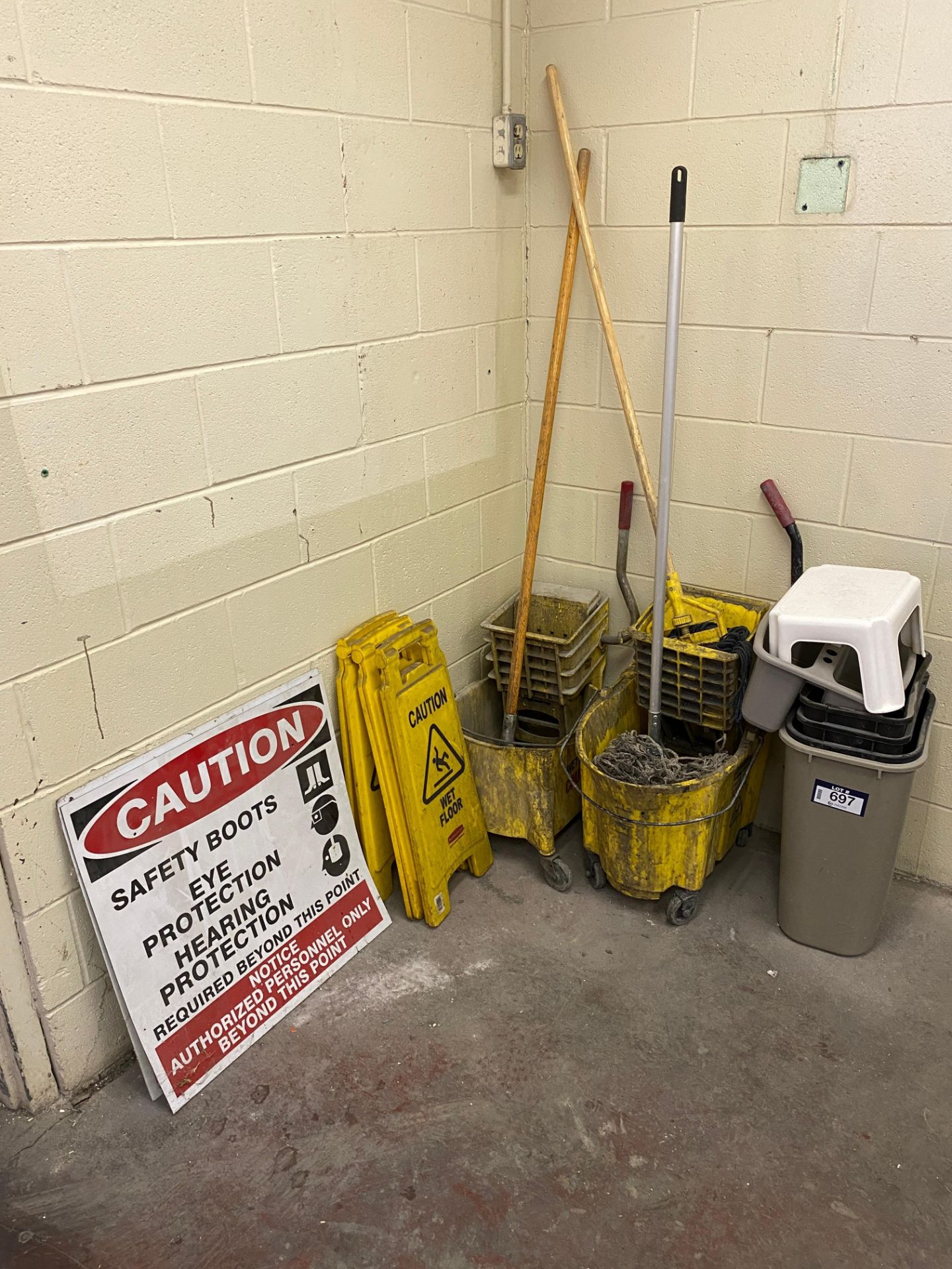 Lot of (2) Caution Signs (2) Mop Buckets, (3) Mops, (3) Wet Floor Signs, and Asst. Waste Bins, etc.