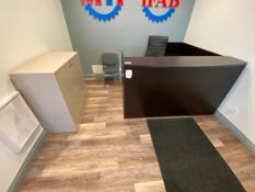 L-Shape Reception Desk w. 3-Drawer Lateral File Cabinet and (2) Chairs