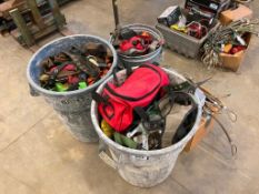 Lot of (3) Garbage Cans w/ Asst. Fall Arrest Gear, Harnesses, etc.