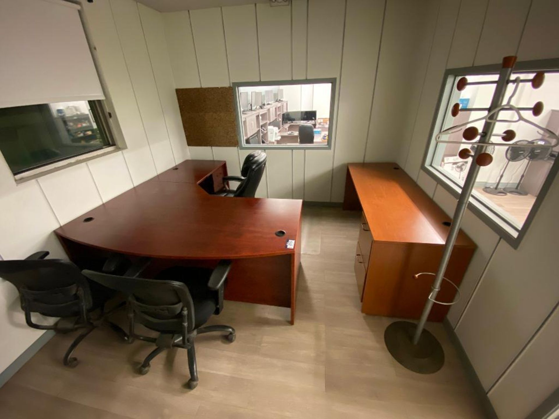 L-Shape Desk w. Single Pedestal Desk and (3) Chairs