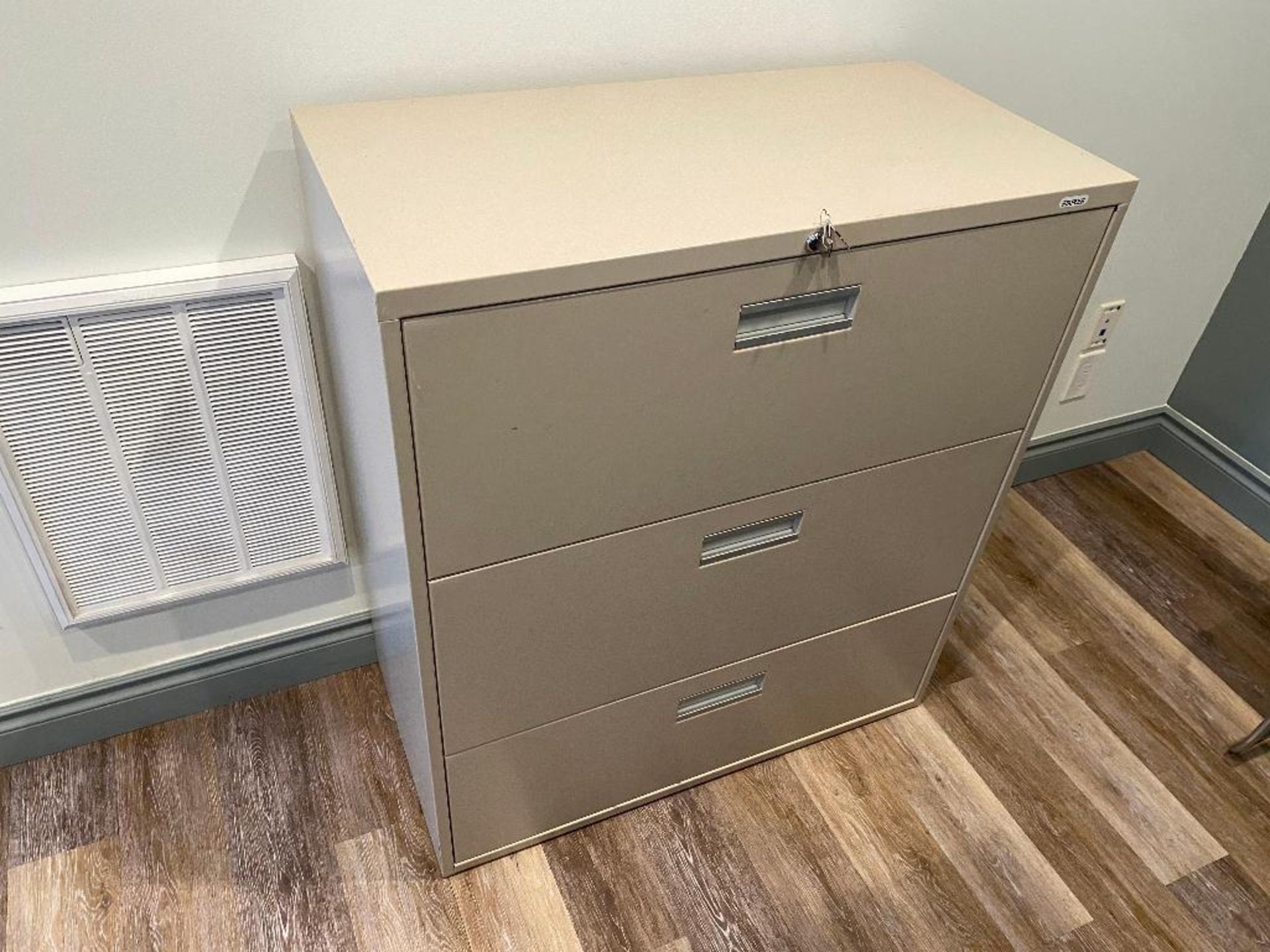 L-Shape Reception Desk w. 3-Drawer Lateral File Cabinet and (2) Chairs - Image 4 of 4