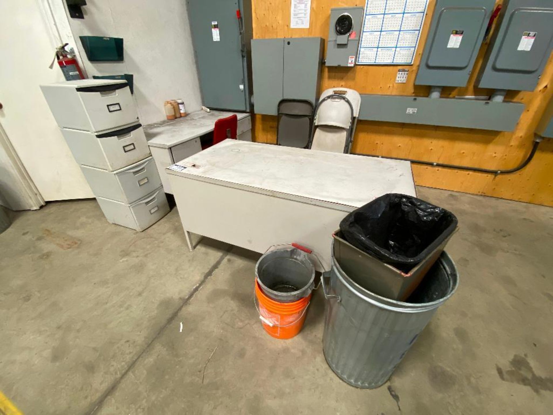 Lot of (2) Desks, (4) Asst. Chairs, Plastic Filing Bins, Waste Bins, etc.