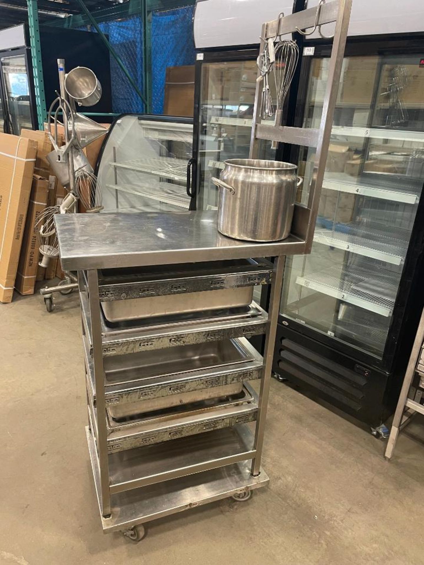 STAINLESS STEEL MOBILE PREP TABLE WITH 4 DRAWERS & POT RACK - Image 8 of 11