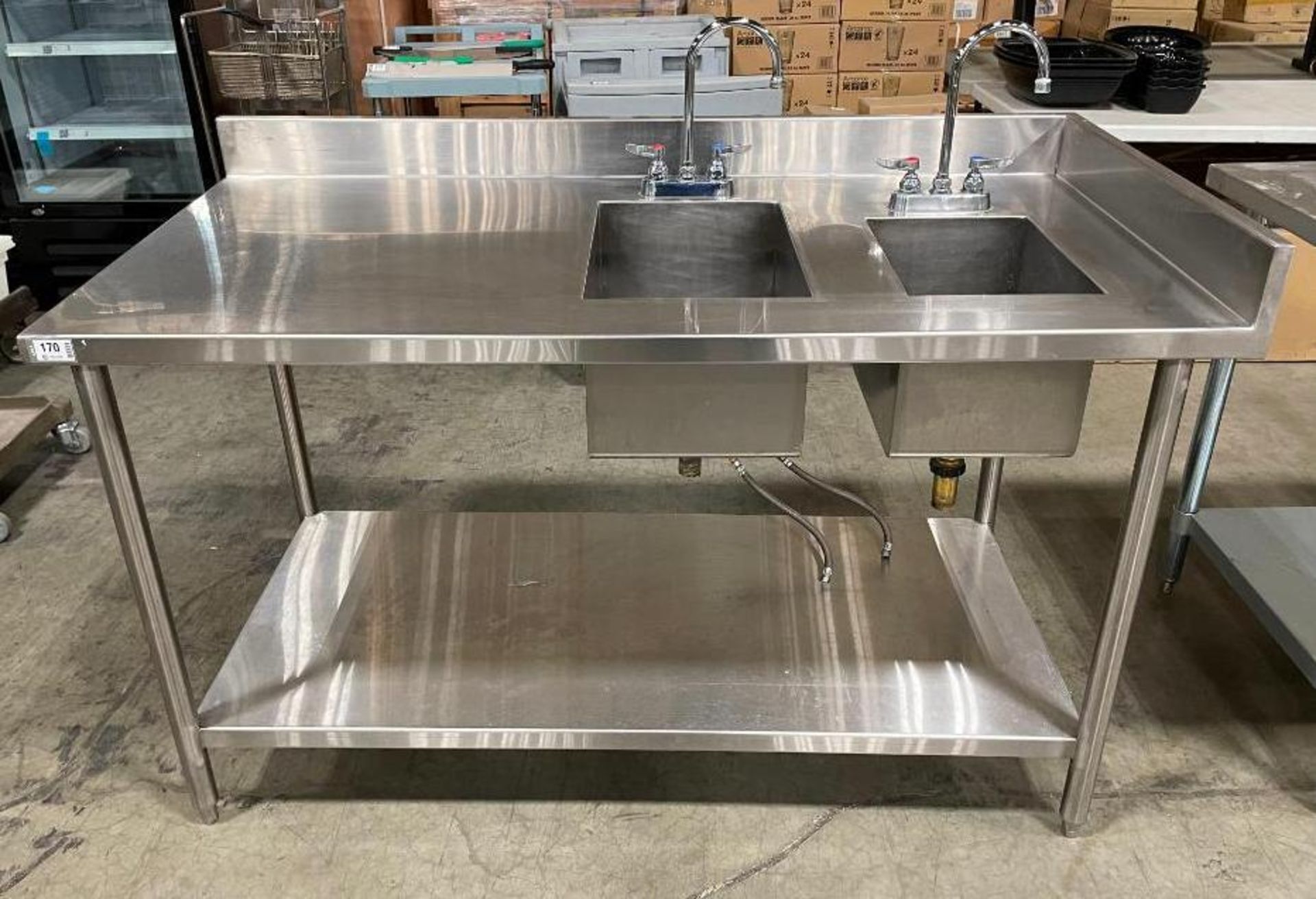 60" STAINLESS STEEL WORK TABLE WITH TWO SINK WELLS & TAPS