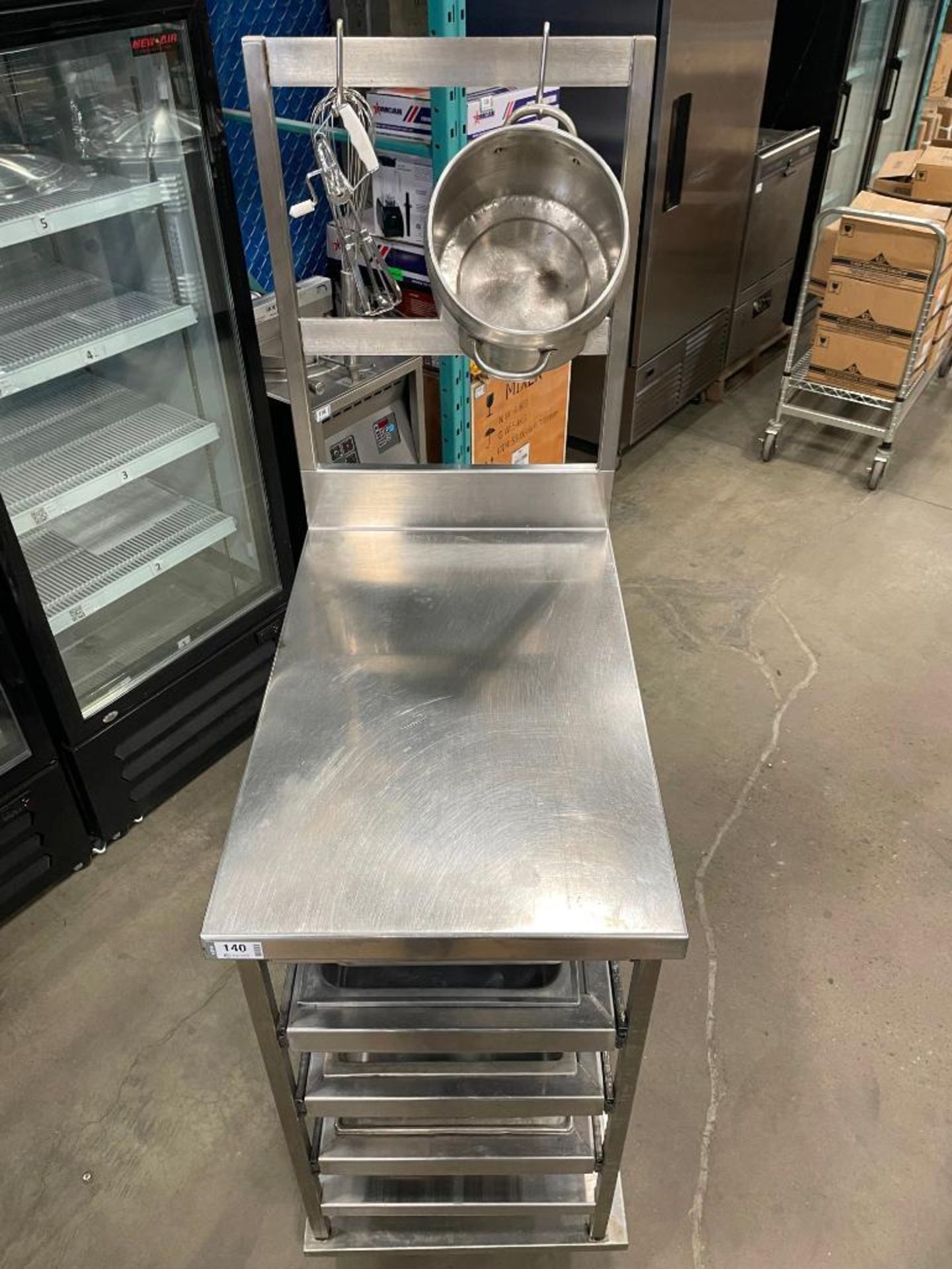 STAINLESS STEEL MOBILE PREP TABLE WITH 4 DRAWERS & POT RACK - Image 10 of 11